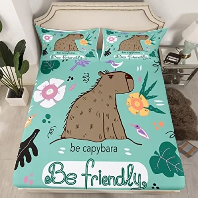 Image of Capybara Fitted Sheet Single Size, South America Animal Bedding Set 2pcs for Kids Boys Teens, Tropical Flowers Leaves Birds Bed Cover with 1 Pillowcase, Soft Polyester