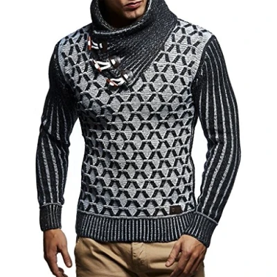 Image of Leif Nelson Men&#039;s Pullover knit Sweater chunky shawl collar LN 5385 Black Ecru Large