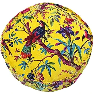 Image of Riva Paoletti Paradise Round Cushion Cover Yellow Colourful Bird Print Faux Velvet Fabric Blanket Stitched Edges 100% Cotton 50 x 12cm (20&quot; 20&quot; 5&quot; inches) Designed in the UK