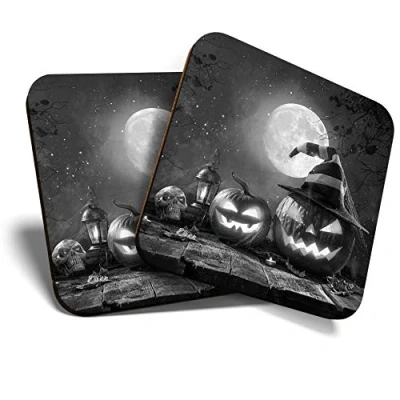 Image of 2 x Square Coasters Halloween Scary Pumpkin Faces Cork Backed Home Kitchen Accessory Tea Coffee Mug Mat #42336