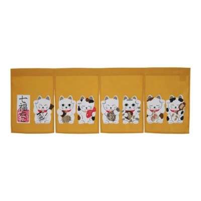 Image of Narumi Made in Japan Shichifuku Manekineko Brown Color Noren Curtain Tapestry