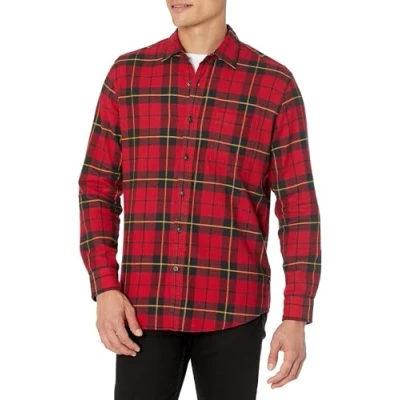 Image of Amazon Essentials Men&#039;s Long Sleeve Flannel Shirt (Available in Big &amp; Tall), Black Red Yellow Large Plaid, XL