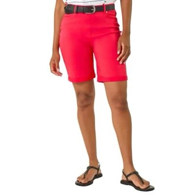 Image of Roman Originals Stretch Shorts for Women UK Ladies Pull On Turned Hem Cut Off Bengaline Mom Boyfriend Boy Denim Casual Cropped Pants Capri Slim Fit Turn Up Summer Crops Mother Coral Size 18