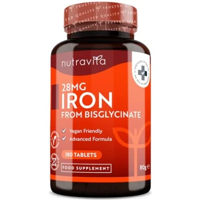 Image of Iron Tablets 28mg 180 Vegan (3 Month Supply of Supplements) Contributes to The Reduction Tiredness and Fatigue Suitable for Men Women Made in UK by Nutravita