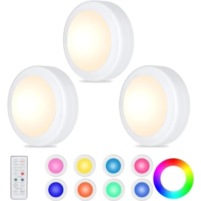 Image of WUYOR Wireless Under Cabinet Lights with Remote 3 Pack 16 LED Colour Changing Touch Control, Battery Operated, Kitchen Adjustable Brightness, Counter Push