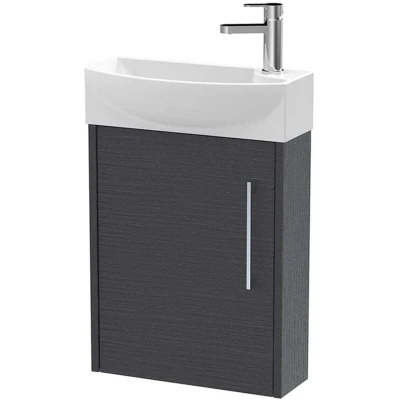 Image of Hudson Reed JNU2261L Juno Compact Modern Cloakroom Wall Hung 1 Door Unit with Tap Hole Left Hand Basin, 440mm, Woodgrain Graphite Grey