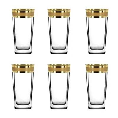 Image of Highball Glasses Set of 6/ Drinking Glasses/ Clear Coctail with Gold Wide Patterned Rim/ Water Juice Tumblers/ 310ml/ Gift for Women and Men (Modern Pattern)