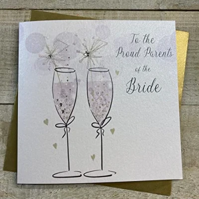 Image of WHITE COTTON CARDS PROUD PARENTS OF THE BRIDE WEDDING CARD, HAND FINISHED (D191)