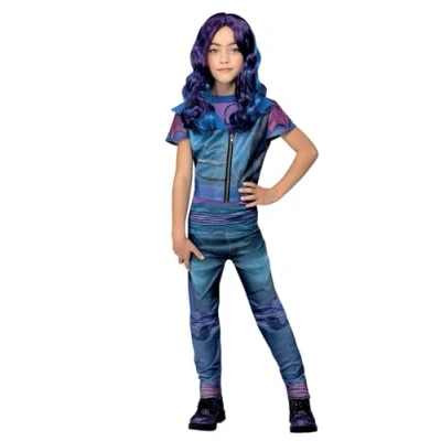 Image of Smiffys Disney Descendants Mal Costume for Kids, All in One with Mock Jacket, Blue, Officially Licensed Zip Jacket Detail, Perfect Matching Accessories and Fancy Dress Parties
