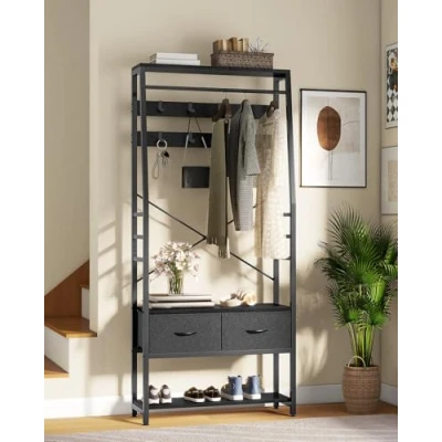 Image of YITAHOME Coat Rack Stand with Shoe Storage, Floorstanding Hall Tree Bench &amp; 2 Foldable Drawers, Industrial Stands 8 Hooks for Hallway Living Room Bedroom, Metal Frame, Black