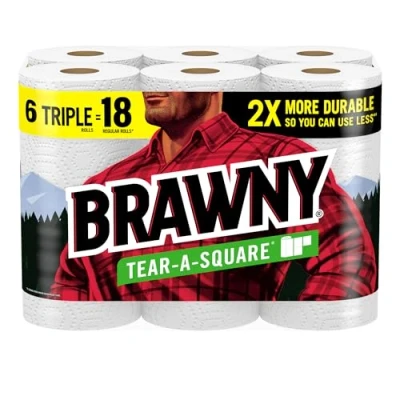 Image of Brawny Tear A Square Paper Towels, 6 Triple Rolls = 18 Regular Rolls, 3 Sheet Sizes (Quarter, Half, Full), Strength for All Messes, Cleanups, and Meal Prep
