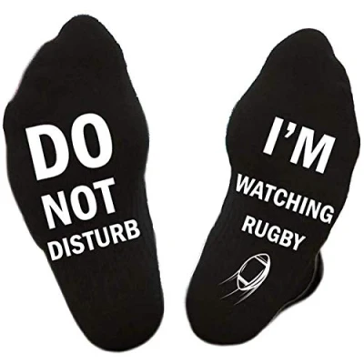 Image of SoulQ Letter Printed Novelty Funny Sayings Knitted Crew Socks DO NOT DISTURB,I&#039;M WATCHING RUGBY, Black, L
