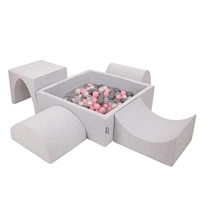 Image of KiddyMoon Foam Playground For Kids With Square Ballpit (300 Balls ∅ 7Cm/2.75In) Soft Obstacles Course And Ball Pool, Made In The EU, Lightgrey:Pearl/Grey/Transparent/Powderpink