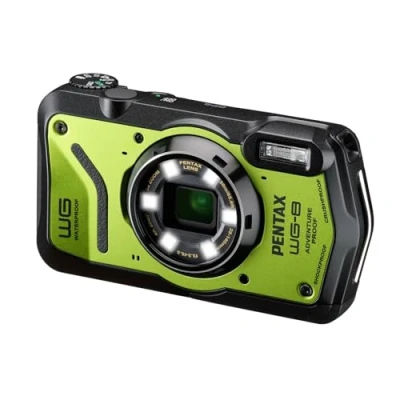 Image of PENTAX WG 8 Green all weather adventure camera, featuring outstanding waterproof, dustproof, shock resistant performance, multi application ring light for macro photography and webcam function