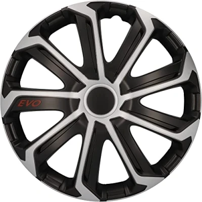 Image of cartrend Evo Hub Caps 14 Inch for All Standard Steel Rims, Made of Special ABS Quality Plastic, Impact Resistant, Double Layer Metallic Paint, Can Be Painted Over, Black/Silver, Pack 4