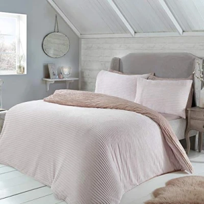 Image of Sleepdown Ribbed Sparkle Glitter Fleece Blush Reversible Soft Duvet Cover Quilt Bedding Set with Pillowcases King (220cm x 230cm)