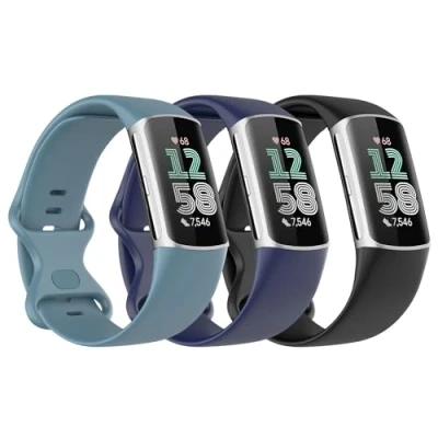 Image of Astorgos 3 Pack Straps Compatible with Fitbit Charge 6/Fitbit 5 for Women Men, Soft TPE Watch Strap Replacement Band, Black/Dark Blue/Blue