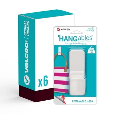 Image of Velcro Brand HANGables Removable Large Hooks 6 x Damage Free Hanging Holds 1kg per Hook Perfect for Coats, Bags, Backpacks &amp; Other Items.