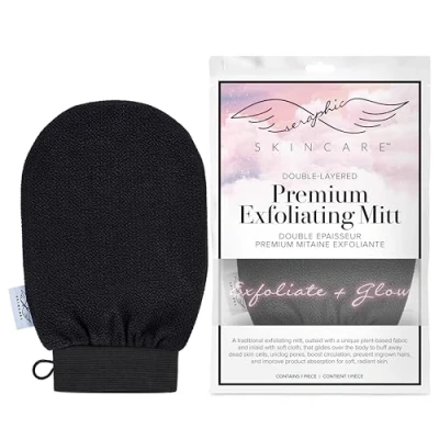 Image of Seraphic Skincare Double Layered Premium Exfoliating Glove 100% Vegan Viscose Traditional Korean Exfoliation Mitt Kessa Lined with Soft Washcloth Self Tan Remover, Body Scrubber &amp; Shower Loofah