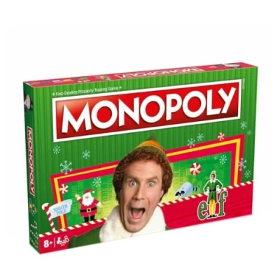 Image of Winning Moves Elf Monopoly Board Game, Choose your festive token and advance to Santa&#039;s Workshop Empire State Building, Save Christmas reap the rewards, for ages 8 plus