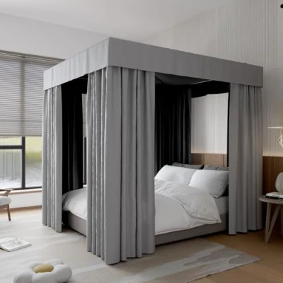 Image of Hvqic Grey Canopy Bed Curtains 4 Corner Post Queen Lightproof Drapes for Adults &amp; Girls Bedroom Decoration(Queen,Grey)