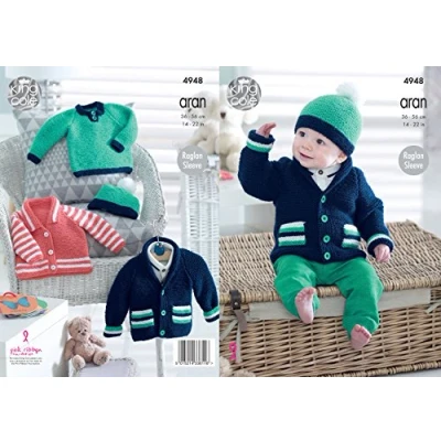 Image of King Cole 4948 Knitting Pattern Baby Childrens Jackets Sweater and Hat in Comfort Aran