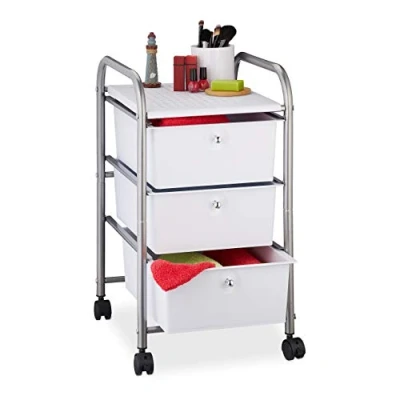 Image of Relaxdays Storage Trolley, 3 Drawers, H x W D Approx. 60 33 39 cm, Metal &amp; Plastic, Silver
