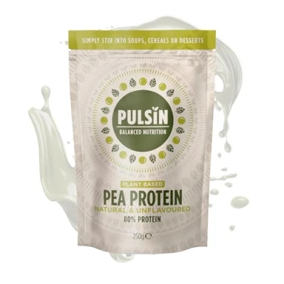 Image of Pulsin Unflavoured Vegan Pea Protein Powder 250g 8.0g Protein, 0g Carbs, 41 Kcals Per Serving Gluten Free, Palm Oil Free and Dairy May Contain SOYA