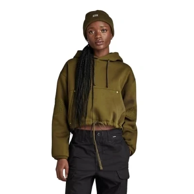 Image of G Star RAW Womens Sleeve Graphic Cropped Loose Hoodie Green Cotton Size Small