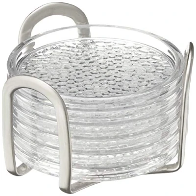 Image of iDesign 38550 Coasters for Drinks, Plastic and Stainless Steel Tableware Accessories, Set of 6 Drink with Holder, Clear/Silver