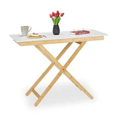 Image of Relaxdays Folding Table, Height Adjustable, Bamboo, HBT 70x105x50 cm, for Kitchen, Living Room, Balcony, Natural/White, 70 x 105 50 cm