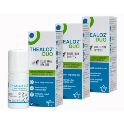 Image of Thealoz Duo Eye Drops Rapid &amp; Long Lasting Relief for Dry, Tired Sore Eyes Gentle, Preservative Free Formula Suitable Contact Lens Wearers Pack of 3 x 10ml (900 Drops)