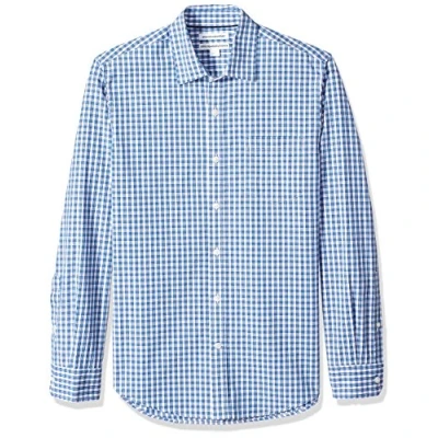 Image of Amazon Essentials Men&#039;s Slim Fit Long Sleeve Poplin Shirt, Blue Checked, L