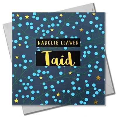 Image of Welsh Christmas Card, Taid, Grandad Berries &amp; Stars, text foiled in shiny gold