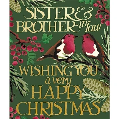 Image of Woodmansterne Sister and Brother in Law Christmas Card Robins on Pine Branches with Foil Embossed Finish Emma Bridgewater Design Eco Friendly Recyclable