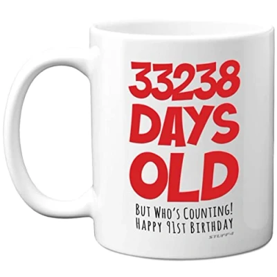 Image of 91st Birthday Mug Gift for Men Women Him Her 33238 Days Old Funny Adult Ninety One First Happy Present Dad Mum Grandma Nan Great Grandad, 11oz Ceramic Dishwasher Safe Mugs