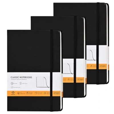 Image of HOMPOWER Lined Notebook Journals A5 Size 14 x 21cm, 160 Pages with Expandable Pocket, 100GSM Paper, Hardcover Notepad(Black 3 Packs)