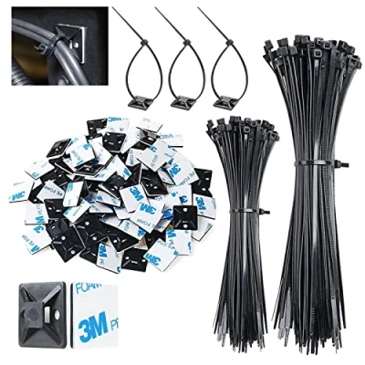 Image of 300Pcs Cable Ties Set, 200Pcs 100mm/150mm Black Plastic Nylon and 100Pcs Strong Back Glue Self Adhesive Mounts, High Temperature Resistance Tie Wraps for Managing Various Cables
