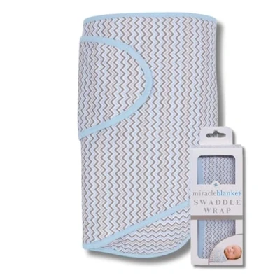 Image of Miracle Blanket Baby Sleep Wearable Swaddle Wrap for Newborn Infant Boy or Girl 0 3 Months, Blue &amp; Gray Chevron