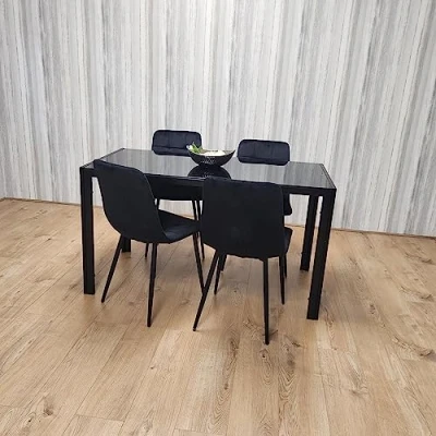Image of KOSY KOALA Black Kitchen Dining Table And 4 Tufted Velvet Chairs Set Of Room Furniture