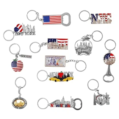 Image of 12 Pack NYC Silver Souvenir Collection New York Metal Keychain Ring Bundle Bulk Includes 3pc Bottle Opener, Empire State, Freedom Tower, Statue Of Liberty USA Flag,NY Cab, Apple, And More.… (silver),