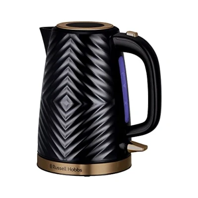 Image of Russell Hobbs Groove Electric 1.7L Cordless Kettle (Fast Boil 3KW, Black textured plastic with brushed gold accents, Removable washable anti scale filter, Push to open lid, Perfect pour spout) 26380