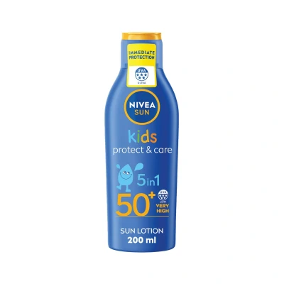 Image of NIVEA Sun Kids Protect &amp; Care SPF 50+ Lotion (200ml), Moisturising Cream Protects Delicate Skin Against Sunburn and Long Term UV Damage, Fast Absorbing