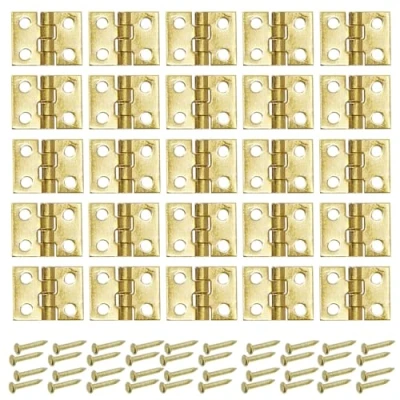 Image of Yosawo 50 Pcs Antique Mini Brass Hinges Miniature Furniture Cabinet for DIY Wooden Jewelry Box, Doll Houses, Tool Box（Gold）