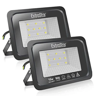 Image of EXTRASTAR 10W LED Floodlight Outdoor, 800LM Super Bright Security Lights, IP65 Waterproof Flood Light Wall Lights for Garden, Garage, Warehouse, Backyard and More 6500K Daylight, 2 Pack
