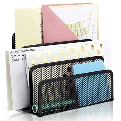 Image of Vertical Letter Sorter Metal Mesh Holder Mail Document Desk Tray Desktop File Paper Rack Organizer Black with 3 Upright Compartments