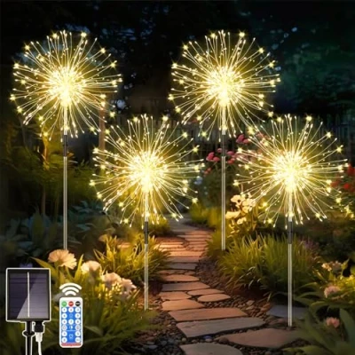 Image of Dekofun Solar Garden Lights Outdoor 4 x 120 LED Firework Lights, 8 Lighting Modes Starburst with Remote, Waterproof Dandelion for Pathway Decorations Warm White