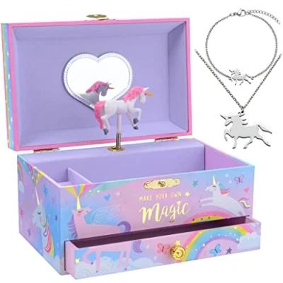 Image of Jewelkeeper Unicorn Musical Jewellery Box for Little Girls Kids Jewelry Storage with Pullout Drawer Music Case Necklace and Bracelet Pine Fiberboard Construction, 17.8x11.4x9.8 cm