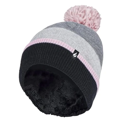 Image of HEAT HOLDERS Ladies Warm Knit Fleece Lined Winter Hat with Pom (One Size, Grey/Pink)
