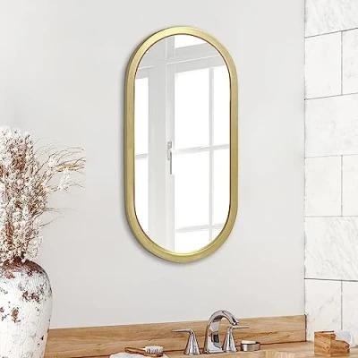 Image of Americanflat 30x61 cm Gold Oval Mirror Framed Bathroom Mirror, Living Room, Bedroom Vanity with Vertical Mount Modern Rounded Frame